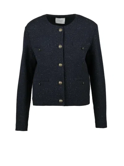 Circolo 1901 Cropped Crew Neck Jacket In Textured Mixed Wool In Black
