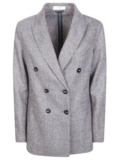 Circolo Double-breasted Herringbone Wool-silk Blazer In Grey
