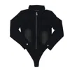 Circular Path Women's Black Denim Bodysuit In Black
