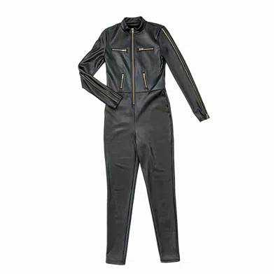 Circular Path Women's Black Vegan Leather Zipper Jumpsuit - Tall