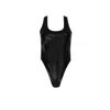 Circular Path Women's Scoop Neck Criss Cross Bodysuit Top-swimsuit - Black Vegan Leather In Black