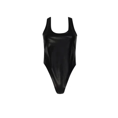 Circular Path Women's Scoop Neck Criss Cross Bodysuit Top-swimsuit - Black Vegan Leather