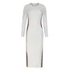 Circular Path Women's White / Brown Maxi Long Sleeve Side Action Dress - White In White