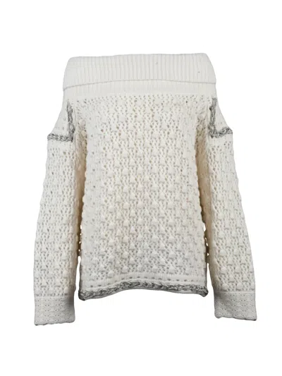 Circus Hotel High Neck Sweater With Textured Knit And Rhinestone Accents In Neutral