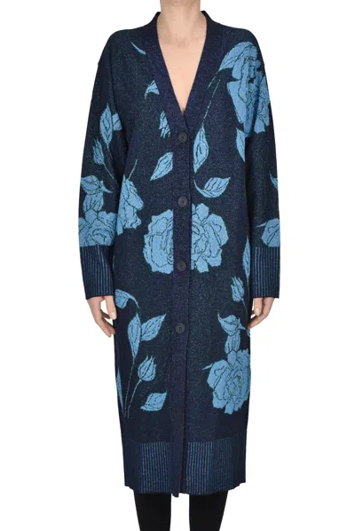 Circus Hotel Lamè Knit Maxi Cardigan In Blue
