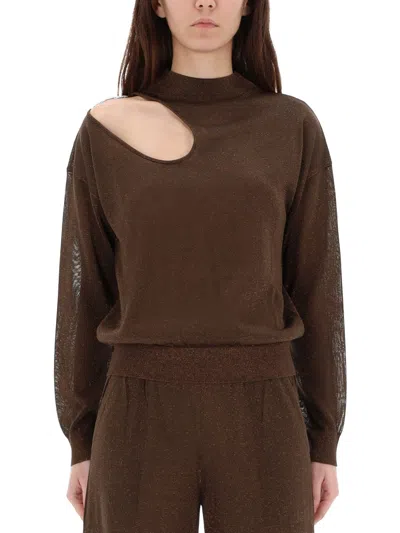 Circus Hotel Neutrals Shimmer Shoulder Cut-out Suit In Brown