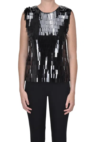 Circus Hotel Sequined Fringed Top In Black