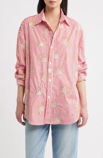 Cissa Beaded Oversized Striped Cotton Shirt In Pink