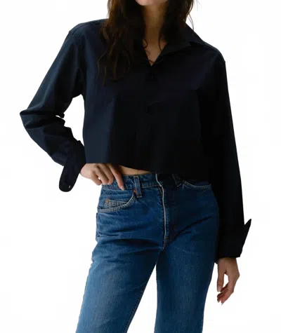 Cissa Crop Button Down Wrap Shirt In Navy Blue