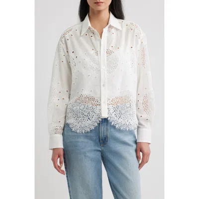 Cissa Embroidered Eyelet Lace Button Down Shirt In White