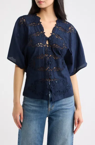 Cissa Embroidered Lace Short Sleeve Cotton Shirt In Navy Vintage Lace