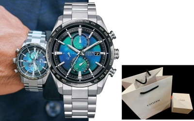 Pre-owned Citizen Ø42 Super Titanium Unite W/blue Atomic Perpetual World Radio At8188-64l