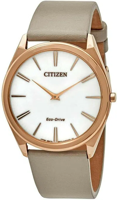 Pre-owned Citizen Ar3076-08a Stiletto Eco-drive White Dial Leather Strap Thin Watch $375