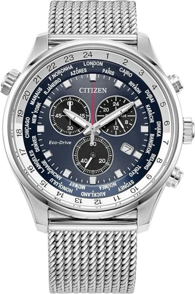 Pre-owned Citizen At0368-82l Blue Dial Silver Stainless Steel Mesh Band Mens 43mm Watch