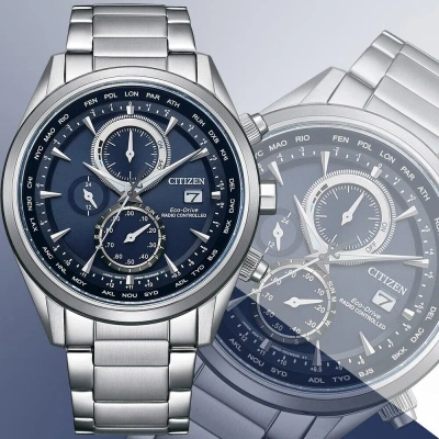 Pre-owned Citizen At8260-85l Eco-drive Radio Controlled Blue Perpetual Calendar Men Watch