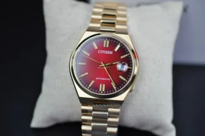 Pre-owned Citizen Automatic Red Dial Gold Tone Stainless Sapphire Mens Watch Nj0153-82x