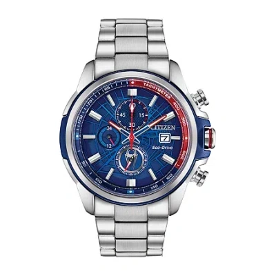Citizen Avengers Marvel Spiderman Mens Chronograph Silver Tone Stainless Steel Bracelet Watch Ca0429-53w In Blue