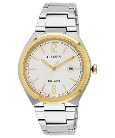 Pre-owned Citizen Aw1374-51a Men Eco-drive Two-tone Yellow Steel Watch In Silver