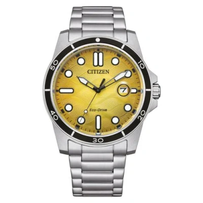 Pre-owned Citizen Aw1816-89x Men's Analog Yellow Watch Eco Drive Stainless Steel Bracelet In Gold