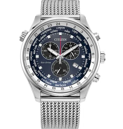 Pre-owned Citizen Blue Dial Mesh Band Chronograph Sports Eco-drive Men's Watch At0368-82l