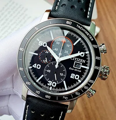 Pre-owned Citizen Brycen Black Leather Band Eco-drive Men's Watch Ca0649-14e