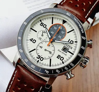 Pre-owned Citizen Brycen Ca0649-06x Chronograph Brown Leather Band Eco-drive Men's Watch