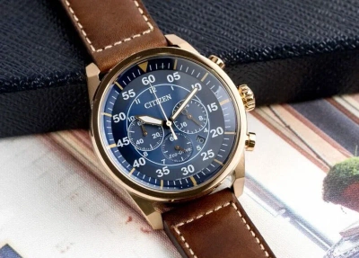 Pre-owned Citizen Ca4213-26l Eco-drive Blue Analog Chronograph Brown Leather Men's Watch