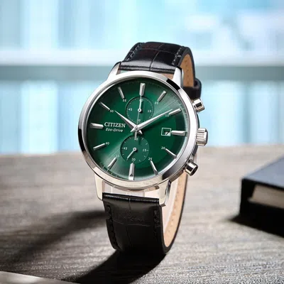 Pre-owned Citizen Ca7069-24x Eco-drive Chronograph Green Analog Black Leather Men's Watch