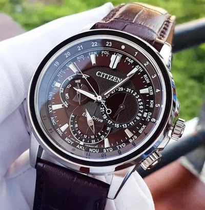 Pre-owned Citizen Calendrier Bu2020-29x Brown Dial Stainless Steel Men's Eco-drive Watch