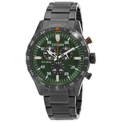 Pre-owned Citizen Chronograph Gmt Eco-drive Green Dial Men's Watch At2527-80x