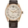 Citizen Sport Luxury Mens Brown Stainless Steel Leather Strap Watch Aw0082-01a In Gold