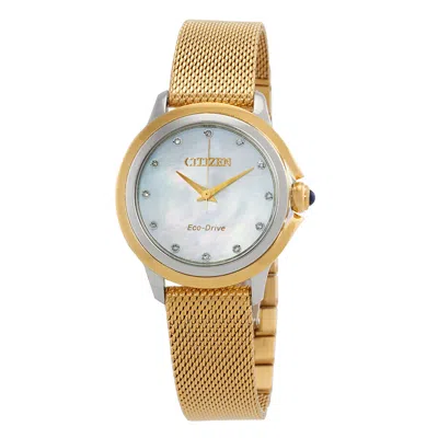 Citizen Diamond Ladies Watch Em0794-54d In Yellow/mother Of Pearl/gold Tone