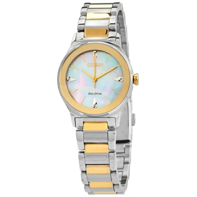 Citizen Diamond White Mother Of Pearl Dial Ladies Two-tone Watch Em0734-56d In Two Tone  / Gold Tone / Mother Of Pearl / White