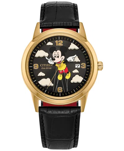 Citizen Disney | Macy's Unisex Mickey Mouse Parade Balloon Black Leather Strap Watch 40mm, Created For Macy' In Red