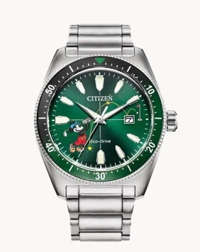 Pre-owned Citizen Eco-drive Aw1595-01w Men's 42mm Disney Mickey Golf S/steel Watch