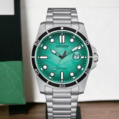 Pre-owned Citizen Eco-drive Aw1816-89l Green Analog Stainless Steel Men's Casual Watch