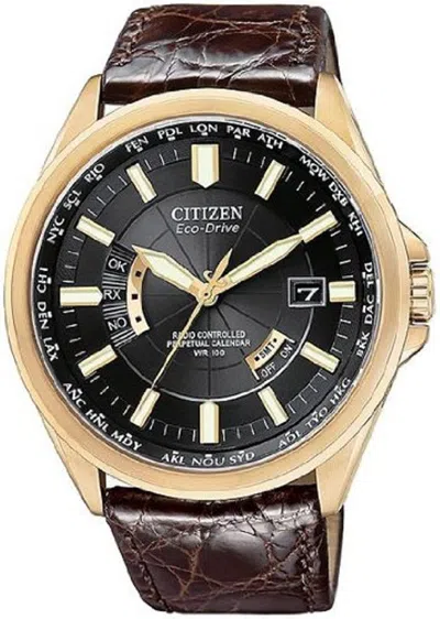 Pre-owned Citizen Eco-drive Black Dial Brown Leather Men Watch Cb0013-12e Automic