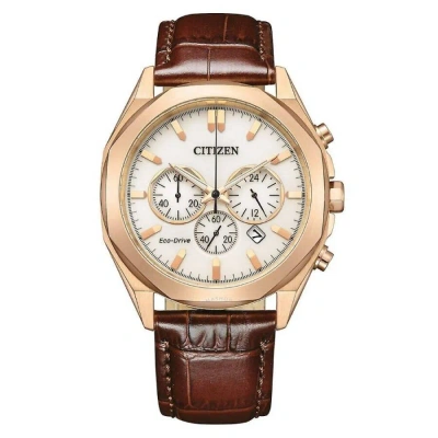 Citizen Eco-drive Chronograph Ivory White Dial Men's Watch Ca4593-15a In Brown / Gold Tone / Ivory / White
