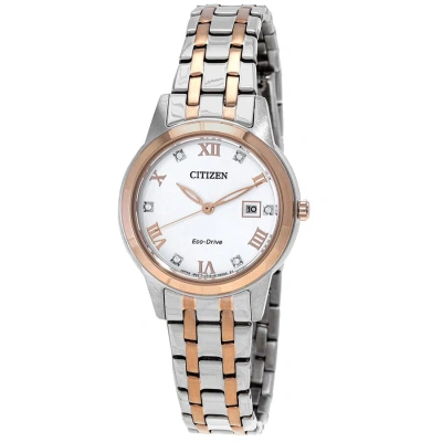 Citizen Eco-drive Crystal White Dial Two-tone Ladies Watch Fe1246-85a In Two Tone  / Gold Tone / Rose / Rose Gold Tone / White