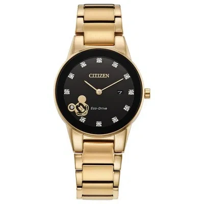Pre-owned Citizen Eco Drive Disney Mickey Mouse Diamond Gold Tone Stainless Steel Quartz