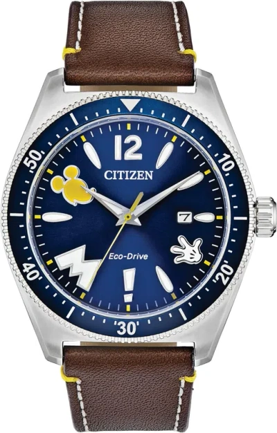 Pre-owned Citizen Eco-drive Disney Quartz Men's Watch, Stainless Steel With Leather Strap,