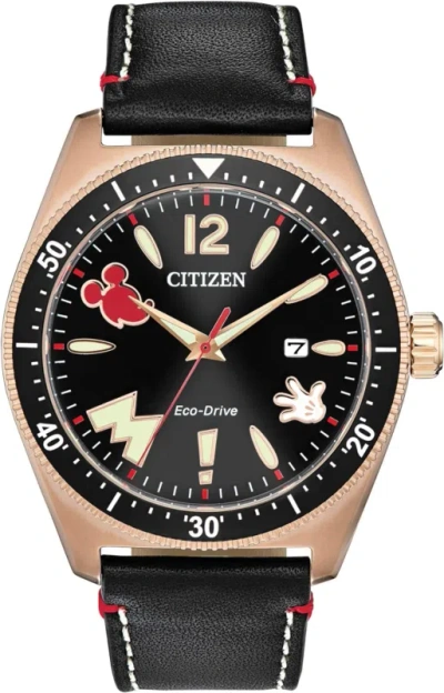 Pre-owned Citizen Eco-drive Disney Quartz Mens Watch, Stainless Steel With Leather Strap,