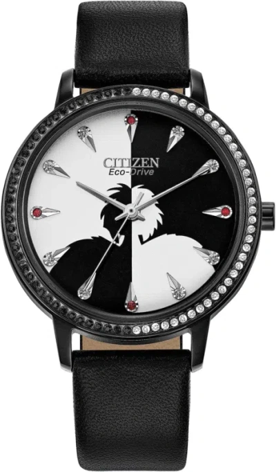Pre-owned Citizen Eco-drive Disney Quartz Womens Watch, Stainless Steel With Leather Strap In Black