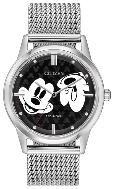 Pre-owned Citizen Eco-drive Fe7060-56w Mickey Mouse Stainless Steel 40mm Mesh Mens Watch