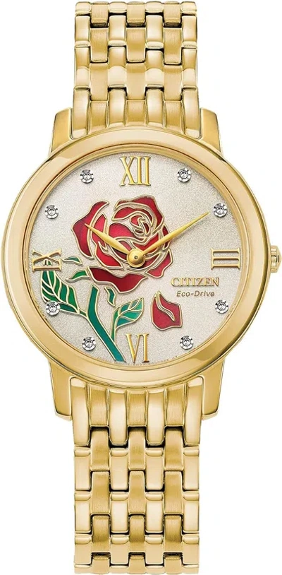 Pre-owned Citizen Eco-drive Ladies' Disney Princess Belle "like A Rose, I Stand Tall" Gold In Black