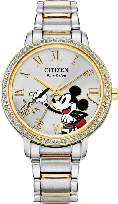 Pre-owned Citizen Eco-drive Ladies' Mickey Mouse Crystal Watch, Two Tone Gold Stainless St