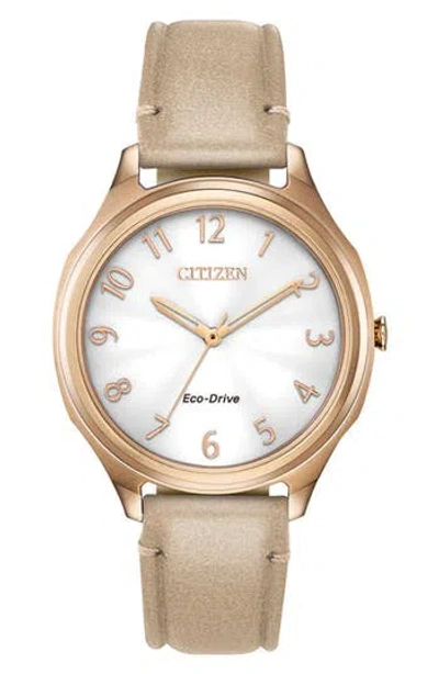 Citizen Eco-drive Leather Strap Watch, 35mm In Beige/rose Gold