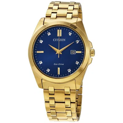 Pre-owned Citizen Eco Drive Man's Peyten Diamond Blue Dial Gold Tone Watch Bm7103-51l