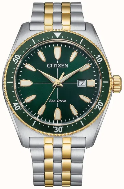 Pre-owned Citizen Eco Drive Man's Two Tone Green Dial Luxury Style Watch Aw1594-89x