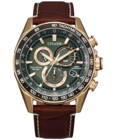 CITIZEN ECO-DRIVE MEN'S CHRONOGRAPH PCAT BROWN LEATHER STRAP WATCH 43MM